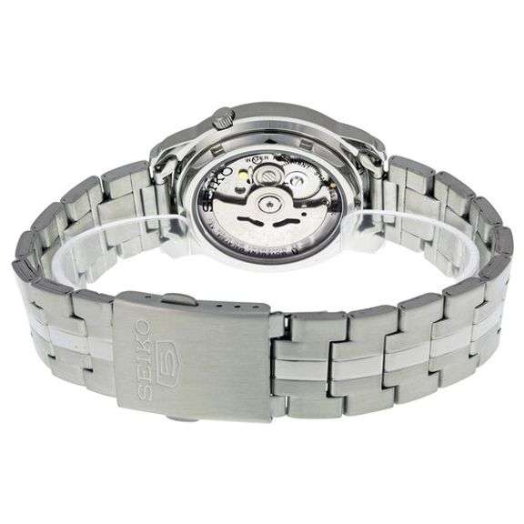 Seiko 5 Automatic Men's Watch Black Dial Skeleton Back Stainless Steel Bracelet