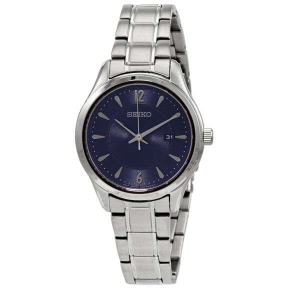 Seiko Women’s Stainless Steel Watch – Blue Dial, Sapphire Crystal, 30mm Case, Date Display, 100M Wat