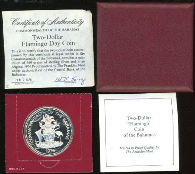 1976 Bahamas $2 Proof Silver Flamingo Coin in Box w/CoA