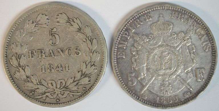 1841-A King Louis Philippe I & 1869-BB Napoleon III France 5 Francs Silver pcs