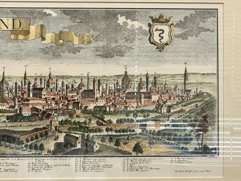 Antique “MEYLAND” Panoramic City View Engraving Hand Colored European Landscape Print, Framed