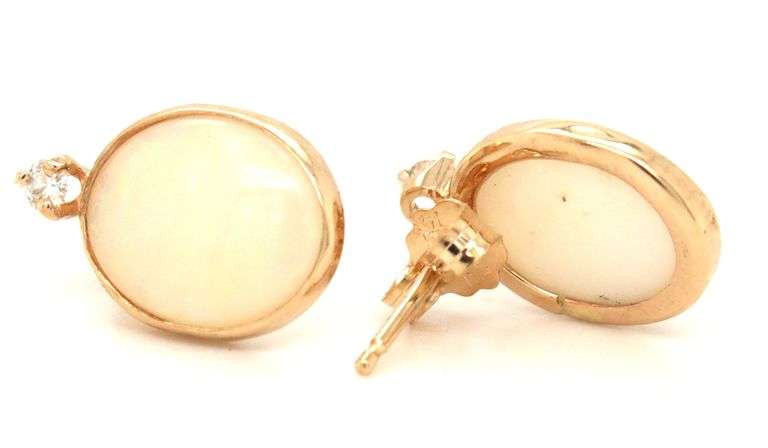 14kt Yellow gold oval Opal and diamond accent earrings