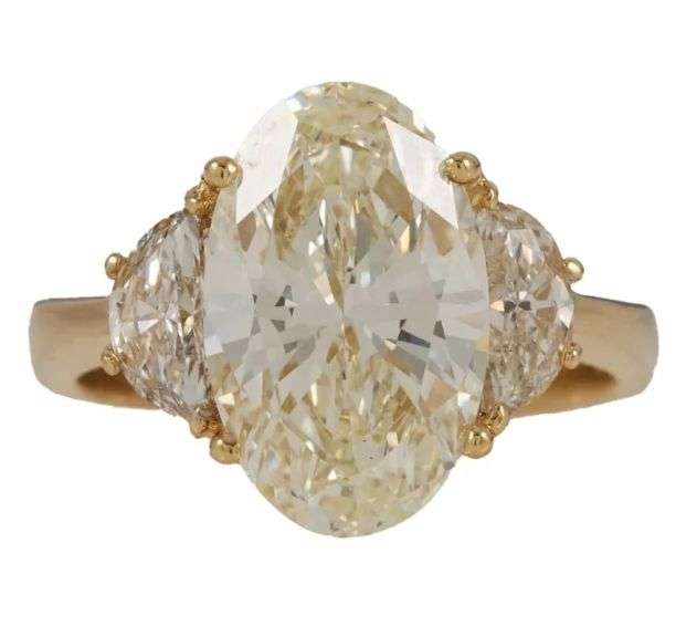 GIA certified 5.92ctw Oval and Half Moon Diamond Three Stone Engagement Ring in 18K