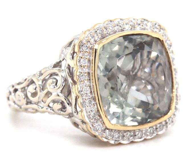 14kt White gold Pasiolite diamond halo scrollwork ring