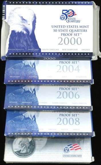 5 Assorted US State Quarter Proof Sets: 2004-2008