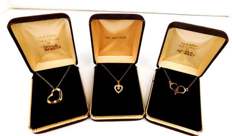 3 Vintage Gold Filled Gemstone Heart Necklaces