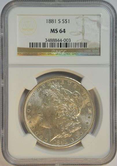 Fully struck near Gem BU 1881-S Morgan Silver Dollar. NGC MS64