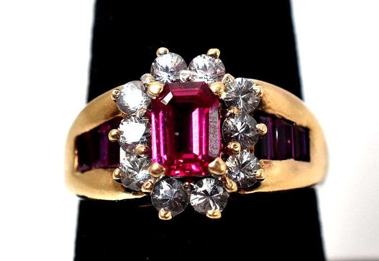 Classic 10K Yellow Gold Synthetic Ruby Gemstone Ring with Diamond Accents