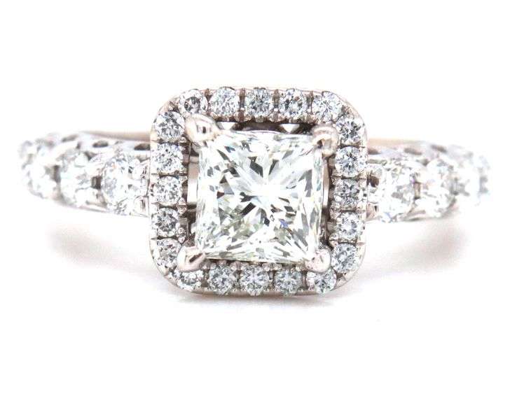 14kt White gold 1ct princess cut in 0.50ctw diamond halo diamond shank setting