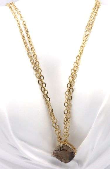 14kt Yellow gold Cushion smokey quartz pendant on 2 row cable chain necklace