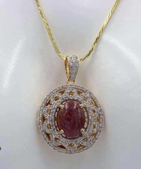 Fabulous Natural No Heat 13.00CTS Oval Cabochon-Cut Star Ruby & 2.45CTW Round Sapphire Pendant Neckl
