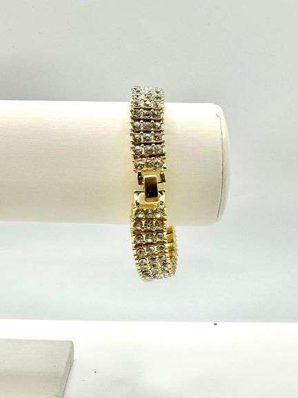 Yellow Gold Plated 3 Row Simulated Diamond Tennis Bracelet
