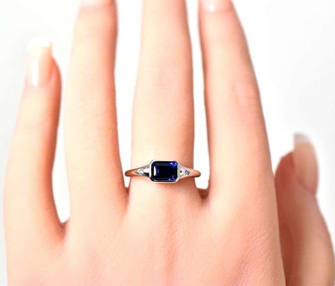 Elegant 14K White Gold Synthetic Sapphire Gemstone Ring with Diamond Accents