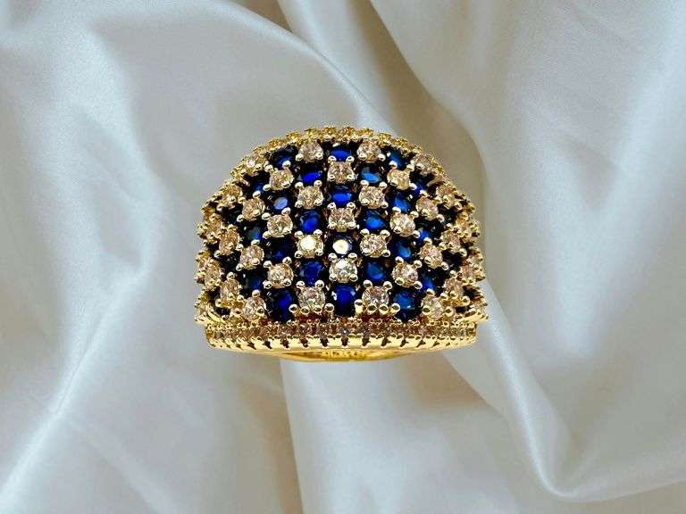 14 Kt Yellow Gold Plate 5.75 Cttw Simulated Diamond Midnight Blue Sapphire Ring