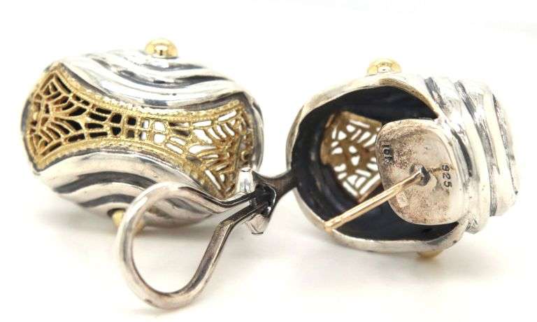 925 Sterling silver two tone open art Filigree shrimp earrings