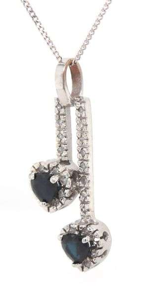 10kt White gold double heart sapphire and diamond bar pendant