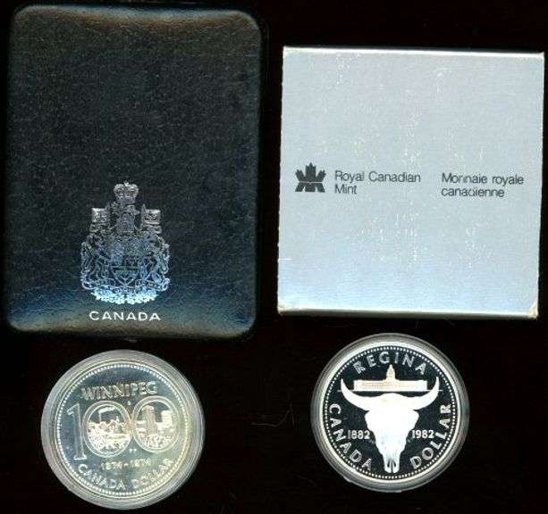 2 Canadian Proof Silver Dollars in Box: 1974 & 1982