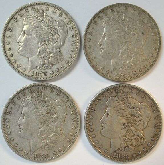 Very sharp 1879, 1880, 1881, & 1882 'P' Mint Morgan Silver Dollars in XF