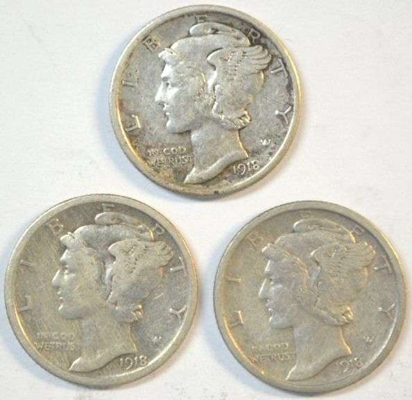 1918-P in XF, 18-D in VF, & 18-S in XF Mercury Dimes