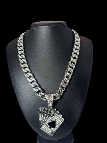 Dazzling Huge 163.9 Gram 14 Kt White Gold Plate Royal Flush Necklace Pendant