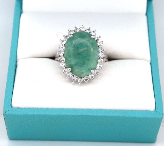 Sparkling Large 11.00CTS Oval Faceted Natural Emerald & White Sapphire Ring in Sterling Silver