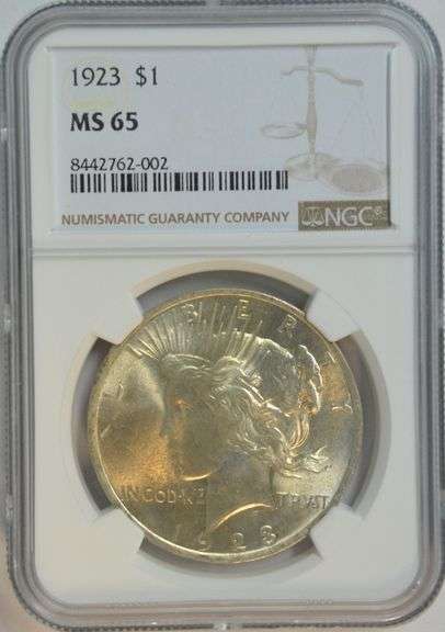 Gem BU 1923 Peace Silver Dollar. NGC MS65