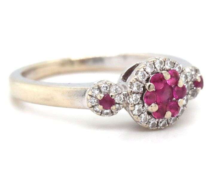 Sweet 14K WG Ruby & Diamond Cluster Ring