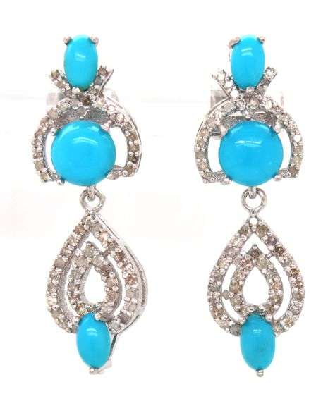 Adorable 2.5CTW Oval & Round Cabochon-Cut Turquoise and Diamond Dangle Earrings in Sterling Silver