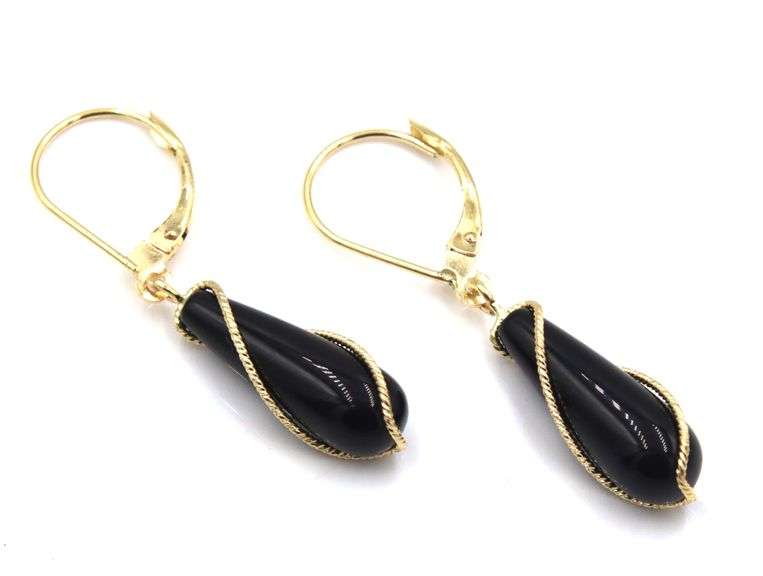 14kt Yellow gold teardrop black onyx twisted rope chain around dangle earrings