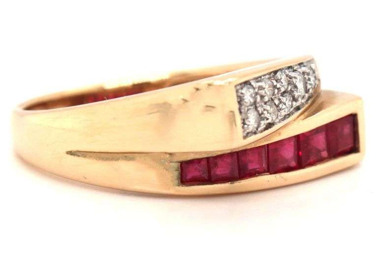 14kt Yellow gold square ruby and diamond bypass ring