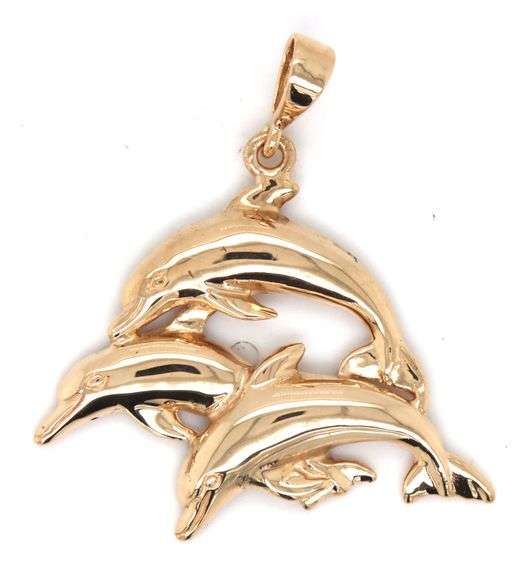 14kt Yellow gold Swimming triple dolphin pendant