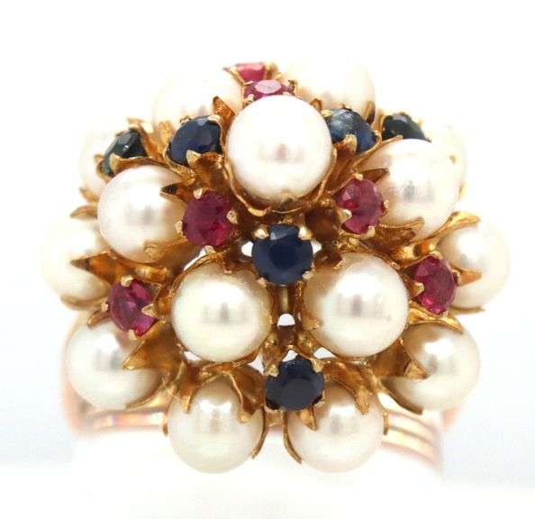12kt Yellow gold pearl and multi gemstone cluster dome ring