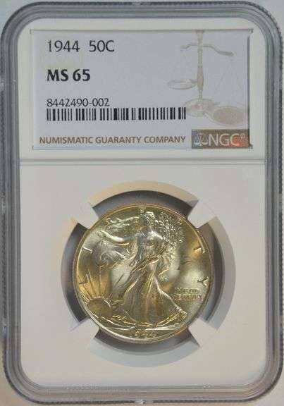 Solid Gem BU 1944 Walking Liberty Half Dollar. NGC MS65