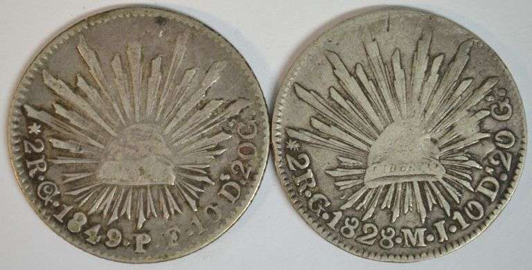Scarce 1828 & 1849 Go MJ Mexico 2 Reales Cap and Rays Silver. VF/XF