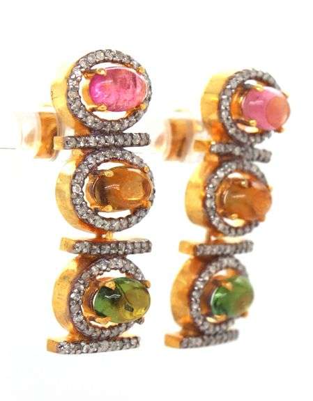 Stunning 7.50CTW Oval Cabochon-Cut Tourmaline & 2.05CTW Diamond Dangle Earrings in 14K Yellow Gold O