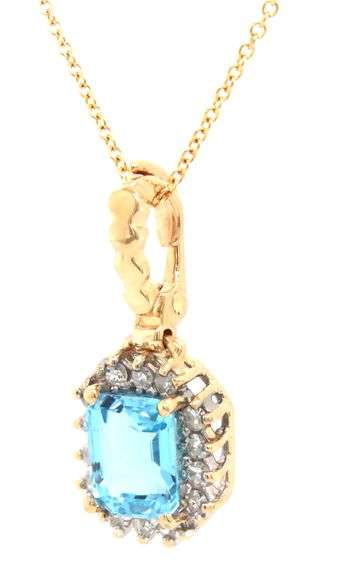 14kt Yellow gold Emerald cut blue topaz and diamond halo enhancer pendant on chain