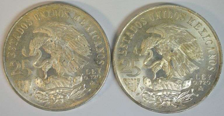 2 Superb Gem BU 1968 Mexico Silver Olympic 25 Pesos