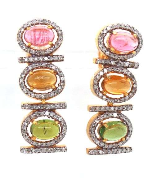 Stunning 7.50CTW Oval Cabochon-Cut Tourmaline & 2.05CTW Diamond Dangle Earrings in 14K Yellow Gold O