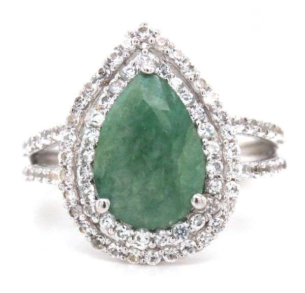 Sparkling 3.55CTW Pear Shaped Faceted Natural Emerald & Sapphire Ring in Sterling Silver
