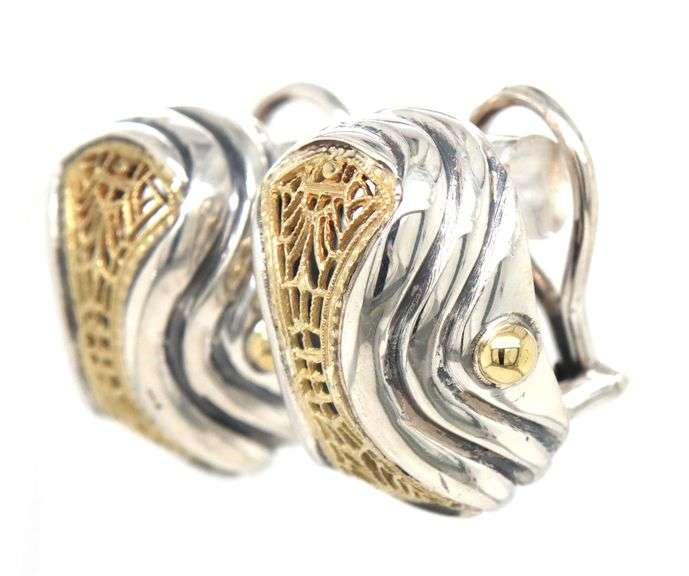925 Sterling silver two tone open art Filigree shrimp earrings