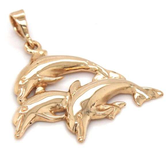 14kt Yellow gold Swimming triple dolphin pendant