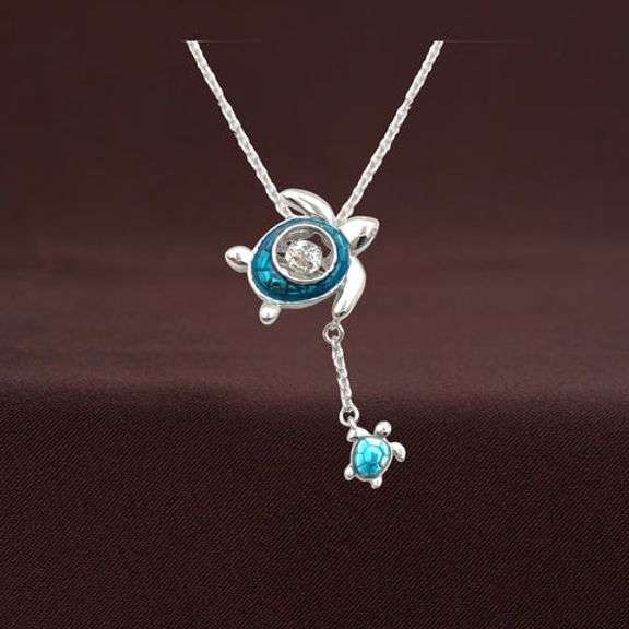 Beautiful "turtle with baby" silver and dancing moissanite necklace