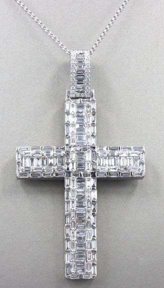 14kt White gold 7.35ctw baguette and round cut diamond cross pendant