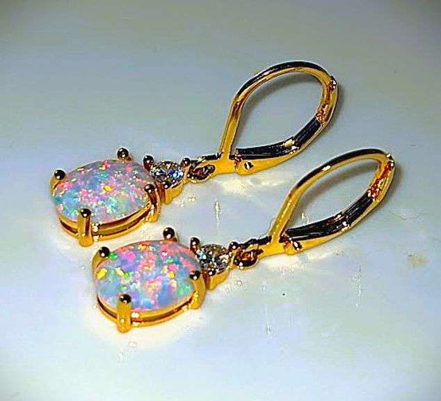 14 K Gold Plated 3.5 Ctw Welo Color Play Lab Simulated Opal Earrings