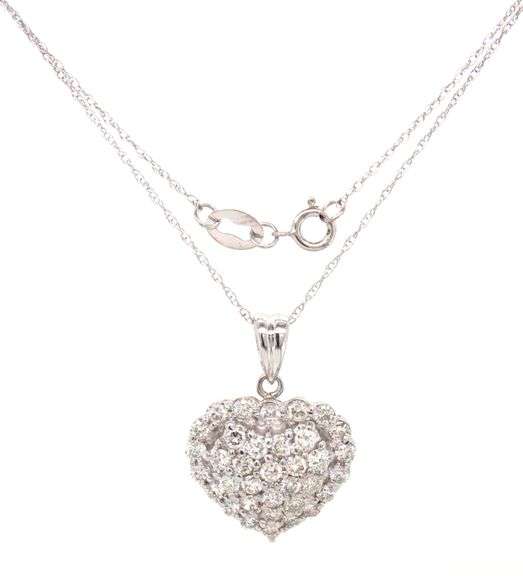 14kt White gold 1ctw Pave halo diamond heart shaped pendant on chain