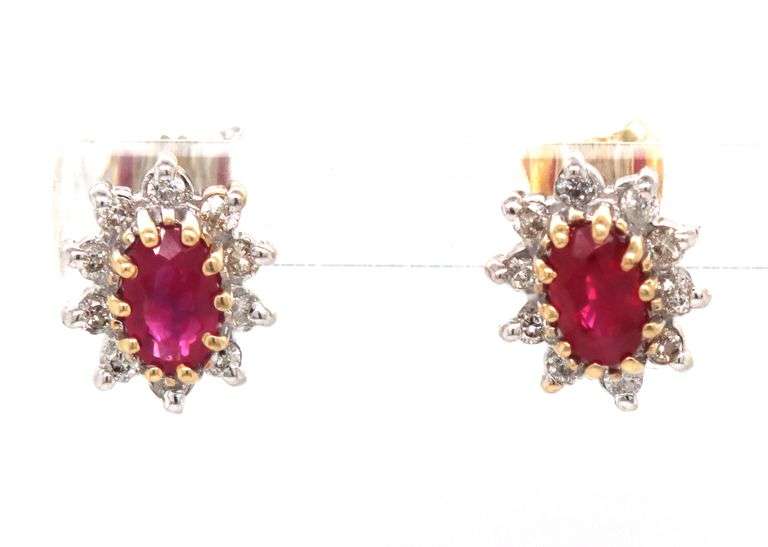 14kt Yellow gold oval ruby and diamond stud earrings