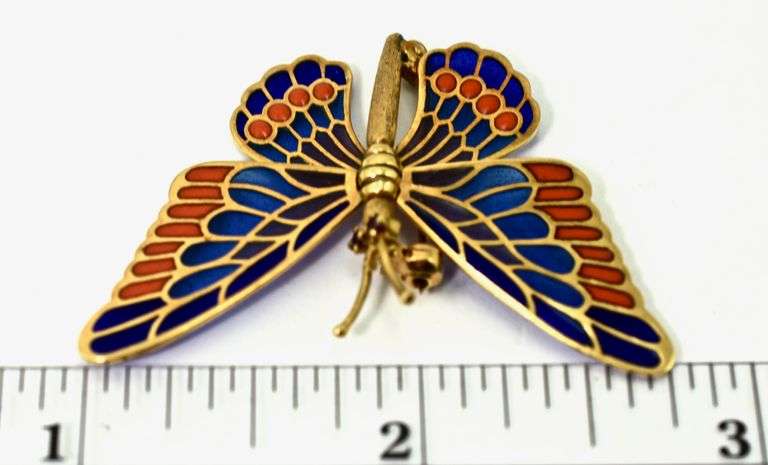 Enchanting 18K Plique a Jour Butterfly Brooch