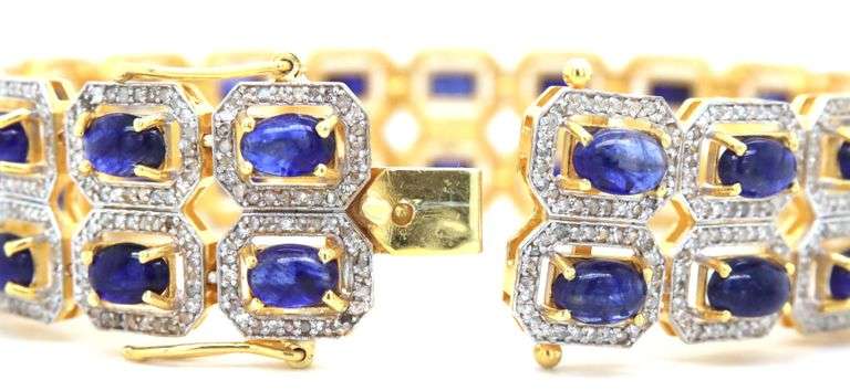 Amazing Brand New European 18.00CTW Oval Cabochon-Cut Blue Sapphire & 5.00CTW Diamond Bracelet in 14