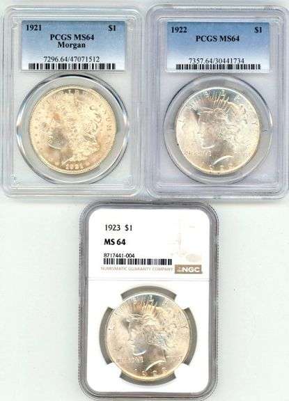 3 Near Gem BU Morgan & Peace Silver Dollars in M64