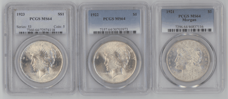 3 Near Gem BU PCGS MS64 graded Silver Dollars 1921 to 1923